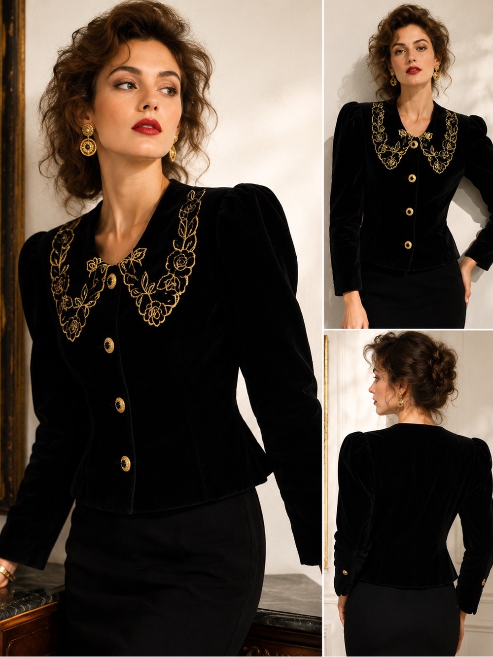 Vintage 80s Barry Sherrard Black Velvet Gold Embroidered Puff Sleeve Jacket
